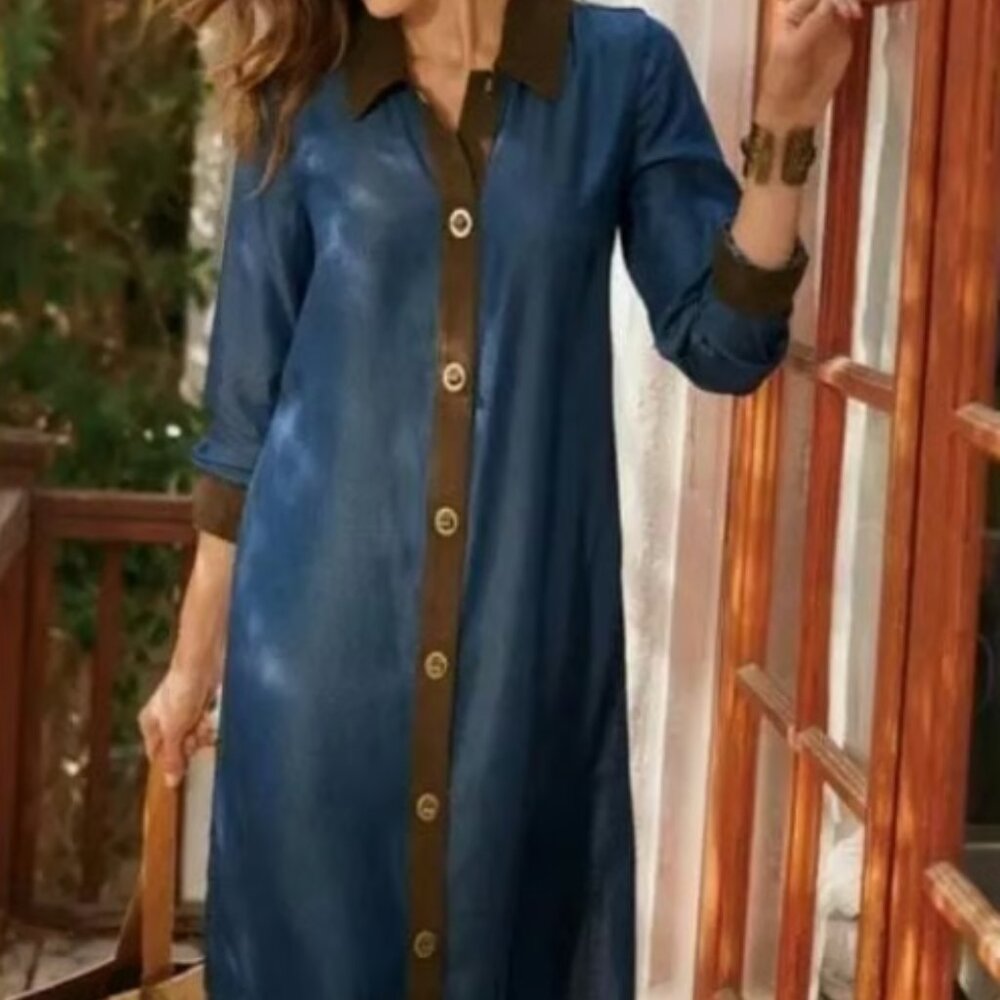 Soft Surroundings Icon Urbina Dress Denim Suede Trim and Toggle closure (SZ M)